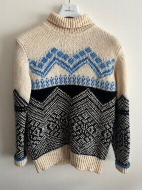 $360 NN07 Nordic Wool Fairisle Ecru Black Blue Turtleneck Sweater- Small/Medium